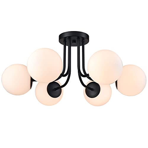 Modern 6 Light Black Metal Ceiling Light with Globe White Glass