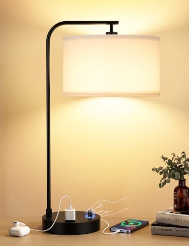 White Side Table Lamp with USB Port and Outlet