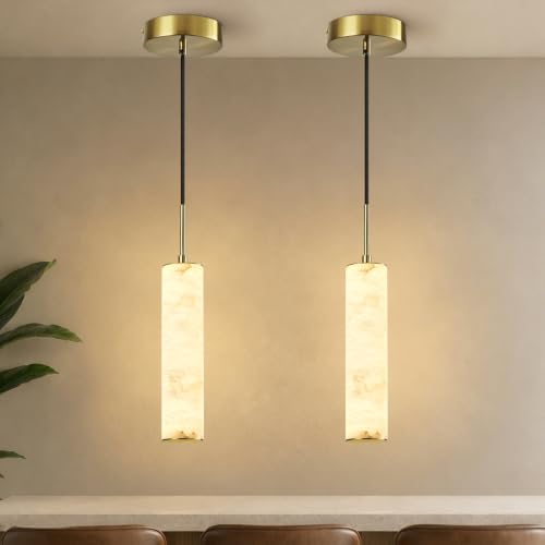 Gold Natural Alabaster Long Tube Kitchen Island Pendant Lights (2 Count)