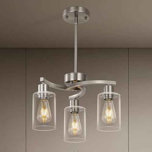 3 Light Brushed Nickel Dining Room Light Fixture,Modern Kitchen Chandeliers Over Table，Adjustable Height Industrial Hanging Pendant Lights for Kitchen Island with Glass Shade