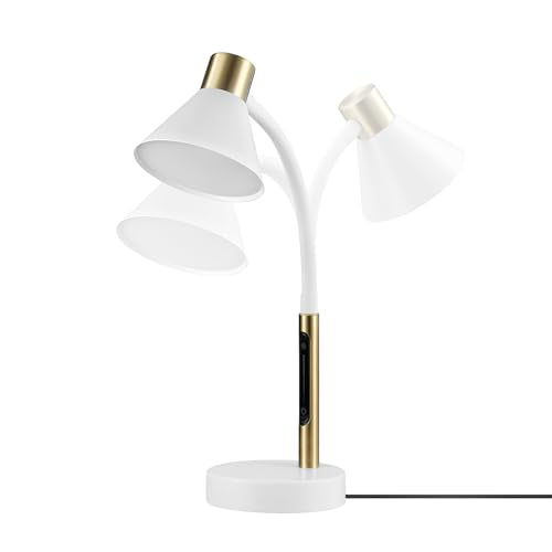 15" LED Integrated Matte White Desk Lamp with Matte Brass Accent and Adjustable Silicone Gooseneck