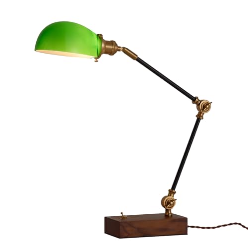 Adjustable Swing Arm Vintage Desk Lamp Modern Style Green Glass Solid Wood