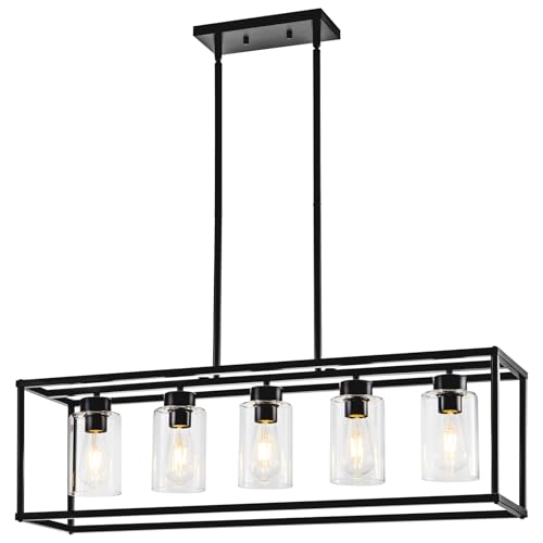 5 Light Dining Room Light Fixture Matte Black Farmhouse Chandelier Over Table Rectangular Kitchen Pendant Lighting Rectangle Modern Industrial Living Room Hanging Lights Adjustable Height