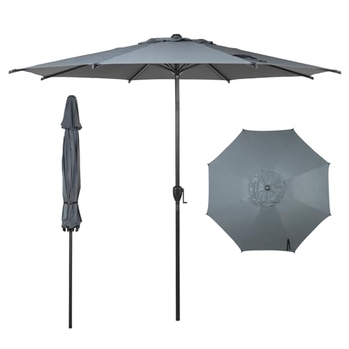 9FT Lyon Outdoor Patio Umbrella Outdoor Table Umbrella with Push Button Tilt and Crank Market Umbrella 8 Sturdy Ribs UV Protection Waterproof for Garden Deck Backyard Pool Grey