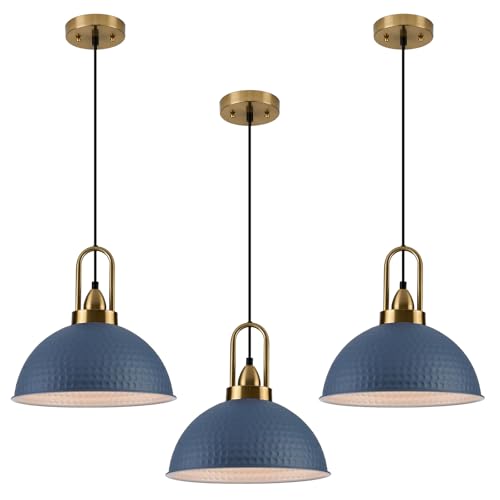 Blue Pendant Lights Kitchen Island Industrial Adjustable Height Vintage Dome Hanging Light Fixtures for Barn (3 Count)