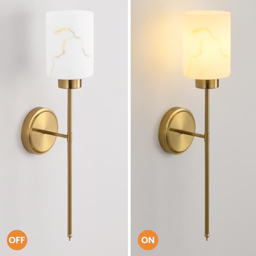 Gold Wall Sconces Set of 2 with Marble Glass Shade