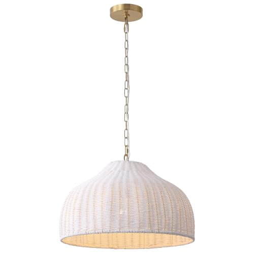 Eliza 20" Bohemian White & Brass Gold Woven Rattan Dome Pendant