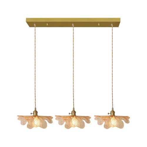 3 Light Vintage Petal Glass Ceiling Hanging Light Adjustable Gold Brass Chandelier Amber Glass Shade LED Linear Island Light for Dining Room Farmhouse