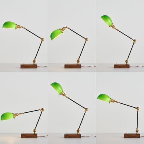 Adjustable Swing Arm Vintage Desk Lamp Modern Style Green Glass Solid Wood