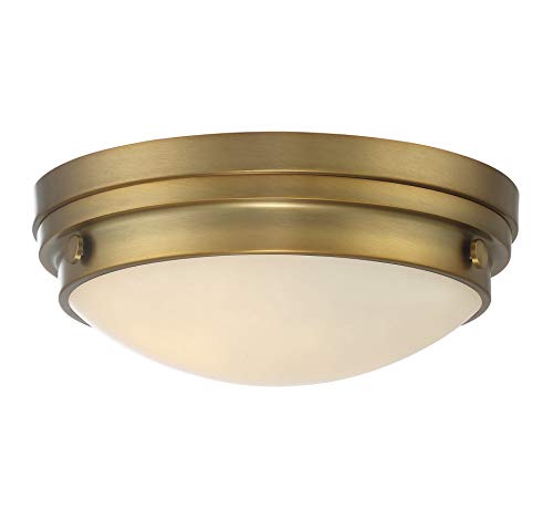 6-3350-14-322 Lucerne Industrial White Glass Flush Mount, 2-Light 120 Total Watts, 5" H x 13" W, Warm Brass
