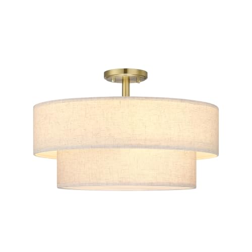 2 Tier 20" Cream Drum Fabric 4 Light Gold Semi Flush Mount Ceiling Light for Living Room Dining Room Bedroom Hallway