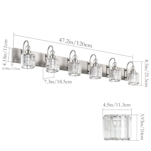 Crystal Brushed Nickel Vanity Light for Bathroom 6 Light Modern Bathroom Lighting Fixtures Over Mirror