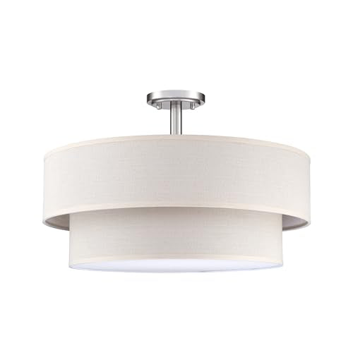 4 Light 18" Cream Fabric Brushed Nickel Semi Flush Mount Close to Ceiling Light Fixture