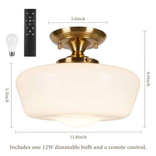 Schoolhouse Style Semi Flush Mount Ceiling Light with Dimmable Bulb Remote Control
