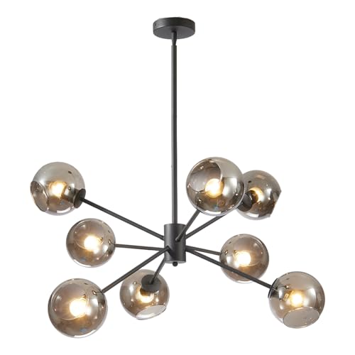 8 Lights Mid Century Modern Matte Black Chandelier Glass Globe Sputnik Chandelier Large Smoke Gray Ball Sputnik Hanging Pendant Light Kitchen Island Living Room Dining Room Bedroom Light Fixture
