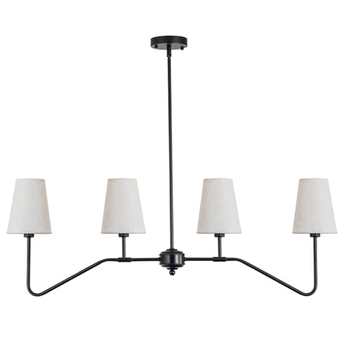 4 Light Matte Black Linear Chandelier with Fabric Shades