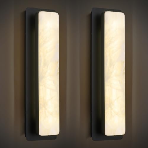 Alabaster Wall Sconces Set of Two Modern LED Wall Lights Natural Spanish Marble 20" Rectangular Wall Sconce Black Wall Lamps for Bedroom Living Room Hallway Staircase