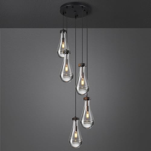 Raindrop Pendant Lights Kitchen Island Teardrop Black Hanging Light Fixtures Clear Solid Glass Pendant Light Modern Chandeliers for Dining Room Porch Corridor Living Room (5 Count)