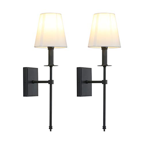 Set of 2 Classic Rustic Industrial Wall Sconce Lighting Fixture with Flared White Textile Lamp Shade and Black Tapered Column Stand (2 Count)