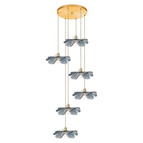 Foyer Chandelier for High Ceilings long Blue Floral pendant light Mid Century Glass Hanging Ceiling light Brushed Gold Flush Mount Ceiling Chandeliers for Staircase Entryway Living