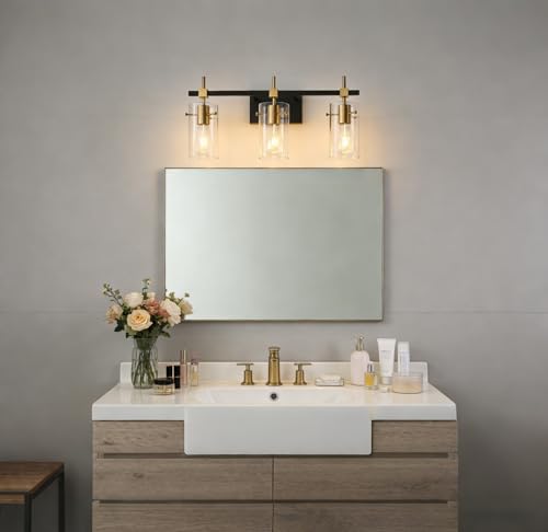 Vintage Vanity Lights Bathroom Light Fixture Over Mirror for Bath Glass Shade Light Black and Brass Modern Style 3 Lights