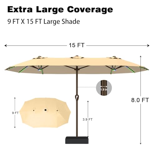 15FT Large Rectangular Patio Umbrella with Solar Lights