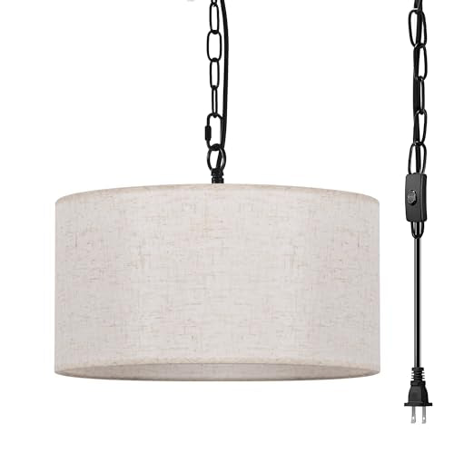 3 Light Plug in Pendant Light with Linen Drum Shade