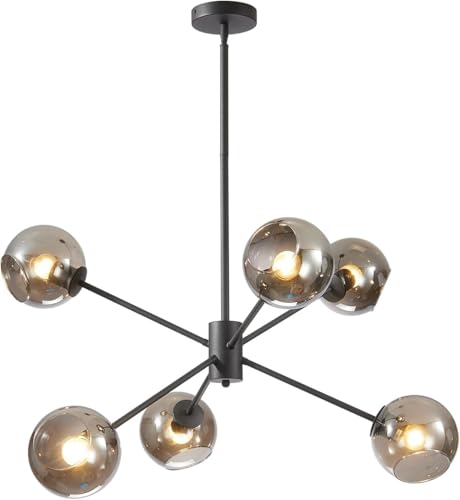 6 Lights Modern Glass Globe Sputnik Chandelier Mid Century Matte Black Sputnik Pendant Light Fixture Adjustable Vintage Large Smoke Gray Ball Chandelier Pendant Light for Kitchen Living Room