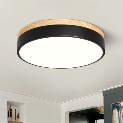 Dimmable LED Wood Black Round Flush Mount Ceiling Light 11.81 Inch