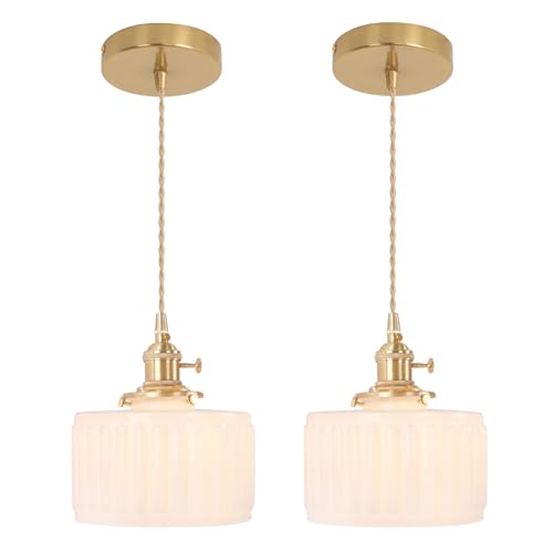 Pendant Light 2 Pack with White Striped Glass Lmapshade (2 Count)