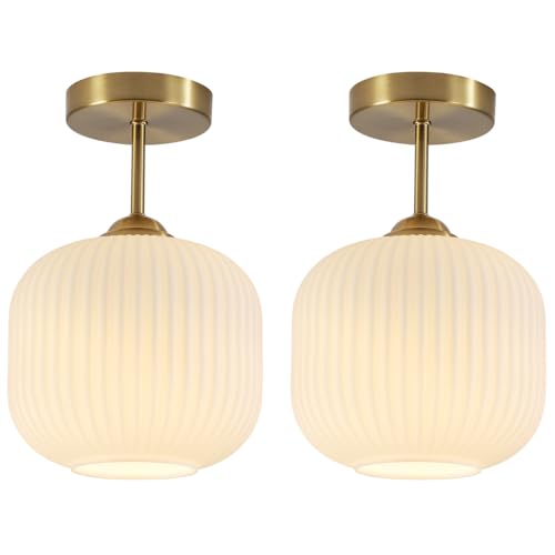 Gold White Glass Flush Mount Ceiling Light for Hallway (2 Count)