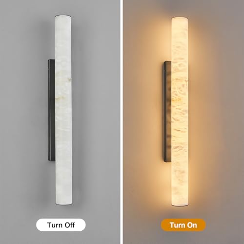 Natural Alabaster Wall Sconces Spanish Marble Wall Light Cylinder Modern Black LED Sconce for Living Room Bedroom Bathroom Stairs（L