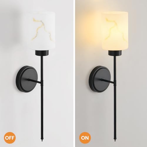 Black Wall Sconces Set of 2 with Marble Glass Shade