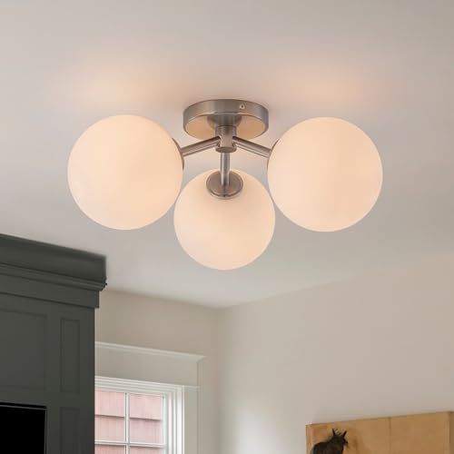 Brushed Nickel Opal Globe Mid Century Modern Semi Flush Mount Ceiling Light