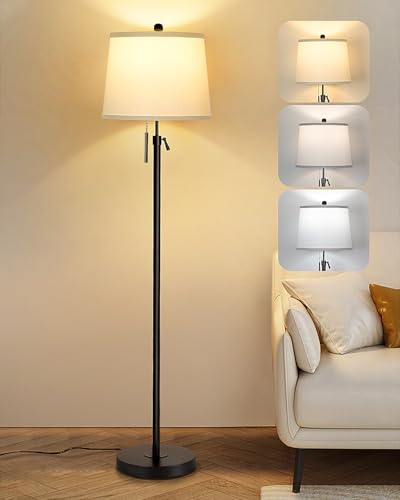 Black Floor Lamps for Living Room Adjustable Height Standing Lamp Modern Tall Pole Lamps for Bedroom Office with White Linen Shade 3 Color Temperature 9W LED Bulb Included