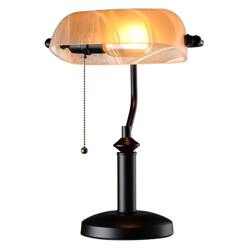 Pale Yellow Glass Bankers Desk Lamp with Pull Chain
