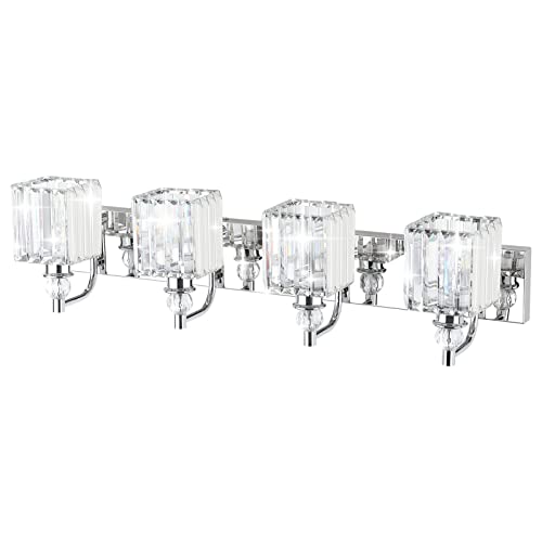 Modern Crystal Vanity Light for Bathroom 4 Light 31.5''Chrome Bathroom Wall Lighting Fixtures Over Mirror