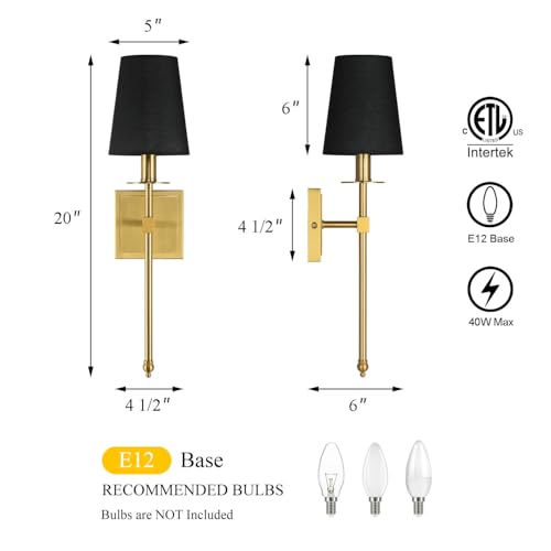 Modern Brass Wall Sconces Set of 2 Black Shade for Bedroom