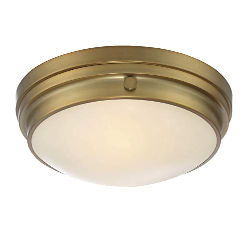 6-3350-14-322 Lucerne Industrial White Glass Flush Mount, 2-Light 120 Total Watts, 5" H x 13" W, Warm Brass