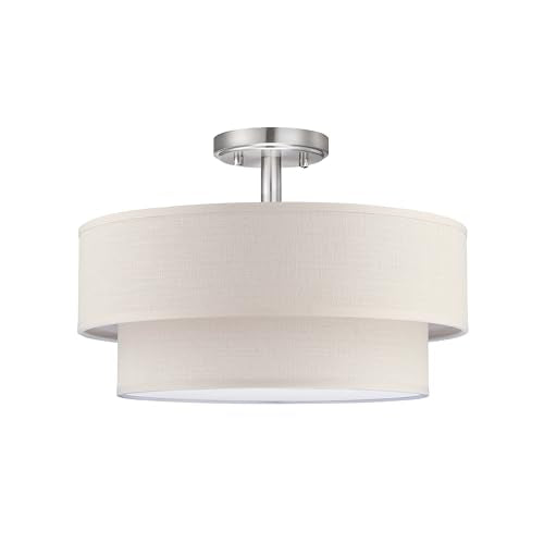 3 Light 15" Cream Fabric Brushed Nickel Semi Flush Mount Close to Ceiling Light Fixture