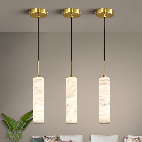 Natural Alabaster Pendant Lights for Kitchen Island White Marble Long Tube Chandelier 4000K Modern Gold Ceiling Light Fixtures for Bedroom Dining Room Table Living Room Hallway (3 Count)