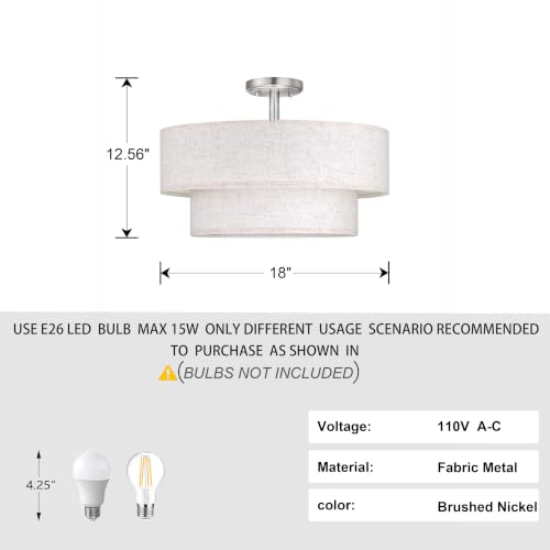 2 Tier 18" Cream Drum Fabric 4 Light Brushed Nickel Semi Flush Mount Ceiling Light for Living Room Dining Room Bedroom Hallway