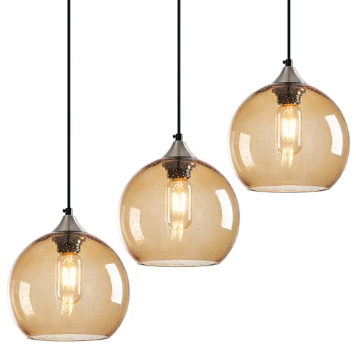 Light Brown Glass Pendant Lights Kitchen Island Lighting Globe Pendant Light Fixtures Modern Pendant Lighting for Bedroom Living Dining Room Light Fixture (3 Count)