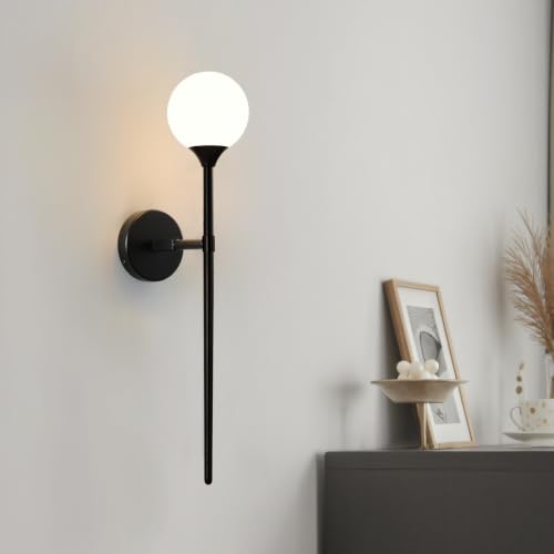 Single Black Globe Glass Wall Sconce with Milk White Glass Shade