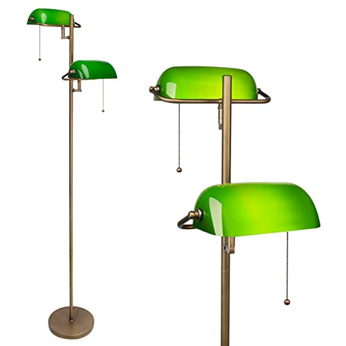 Green Glass Bankers Floor Lamp Classic Vintage Standing Lamp with Pull Chain Switch Adjustable Arm Reading Floor Light for Bedroom Headboard Workplace Office Piano Style Lamp
