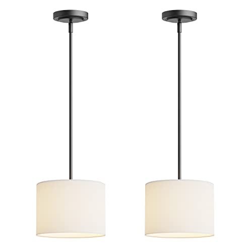 9" Dia White Linen Drum Shade Hanging Pendant Light Fixture with Black Pole Kit (2 Count)