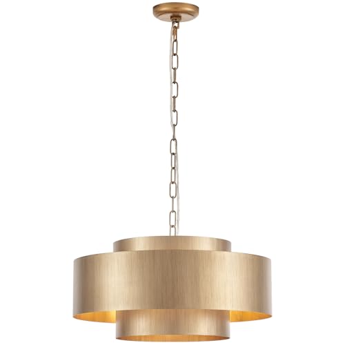 20” Brushed Brass Modern Chandelier Classic 3 Round Metal Pendant Light Contemporary Adjustable Industrial Pendant Light for Dining Room Kitchen Island Living Room Bedroom (3 Count)