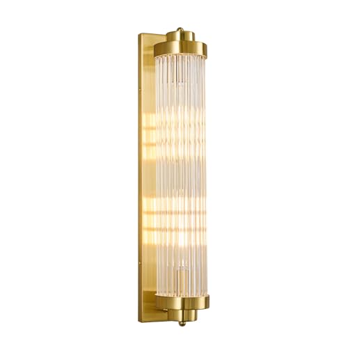 Gold Wall Sconces with Crystal Glass Strip Bathroom Sconces 2 Light E12 Base Modern Wall Lights for Bedroom Living Room Hallway Wall Light Fixtures