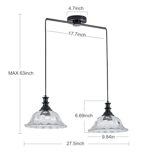 2 Light Pendant Light Fixtures Modern Glass Hanging Lights with Adjustable Cord for Kitchen Island Dining Room Living Room Hallway Black and Clear