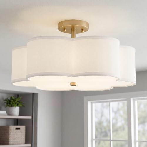 18" Gold Semi Flush Mount Ceiling Light with White Fabric Shade
